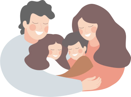 Animated photo of family hugging each other tightly. From left to right, there is a father, young daughter, young son, and mother.